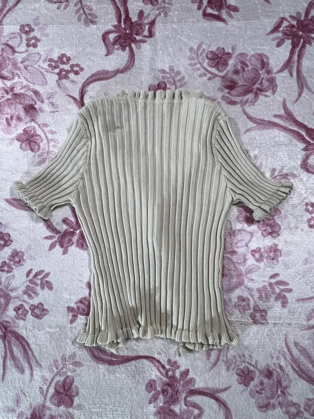 Ribbed Ruffle-Trim Beige Blouse - Picture 3 of 6